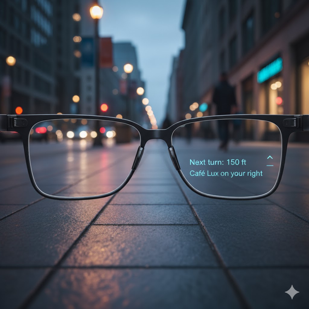 A view of the Vlocci glasses showing a navigation route overlay.