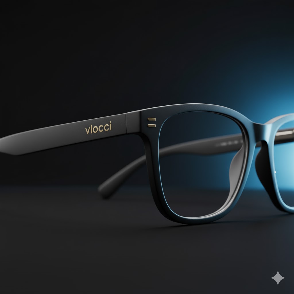 A pair of sleek, black Vlocci smart glasses with a gold logo on the side support.